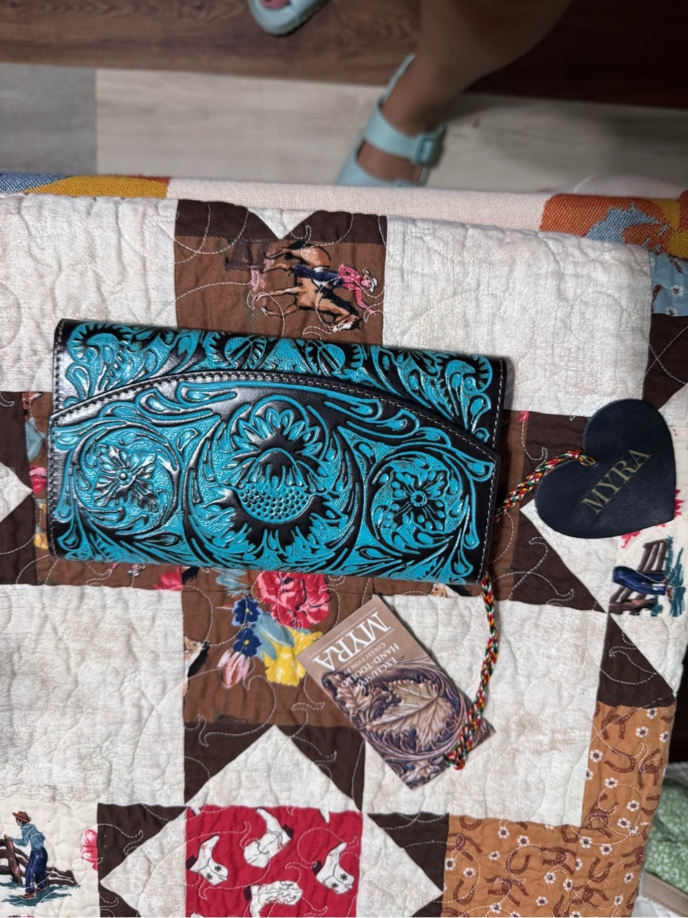 Myra Bag Turquoise Tooled Leather Wallet with Floral Design